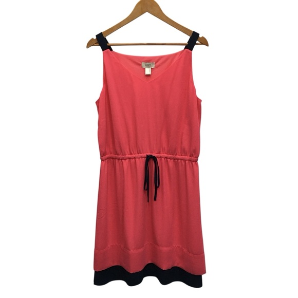 NWT L Ann Taylor LOFT Pink Navy Blue Drawstring Summer Dress - Women Large - Picture 6 of 12